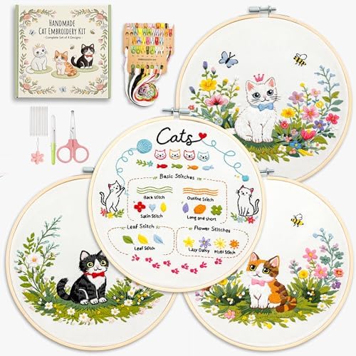 Peonfly Cat Embroidery Kit for Beginners, 4 Pack Stamped Embroidery Starter Kit with 4 Hoops, 9 Stitch Types Practice Sampler, Animal Floral Wall Hanging Decor, Mothers Day Birthday Gift (Box 4pcs) by Peonfly