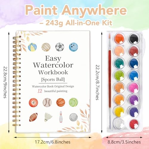 Easy Watercolor Workbook for Beginners - 12 Beautiful Step-by-Step Paintings Water Coloring Book, Includes 16 Colors Paints, Relaxing Art Projects and Creative Gift for Adults & Teen (Sports Ball) - Image 4