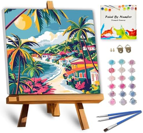 TOCARE Framed Paint by Numbers Kit for Adults, Beach Paint by Number Framed,Simple Oil Paint by Number Kits on Canvas Framed Palm Tree Seascape for Home Wall Decor (10x10 Inch, Without Easel) by TOCAREDirect