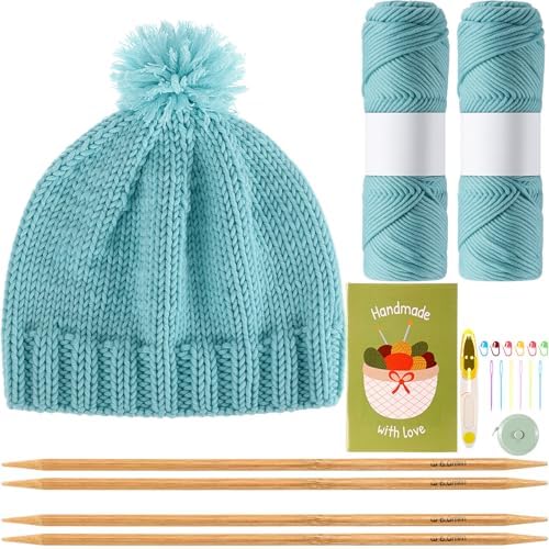 Maasechs Knitting Kits for Beginners Adults Complete Hat Knit Set with Yarn Bamboo Needles Starter Crochet Kit with Full Knitting Crochet Accessories for Women and Men(Blue) by Unknown