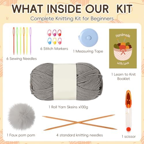 GliCraft Hat Knitting Kit for Beginners with Yarn Needles Pom,Warm Grey - Image 2