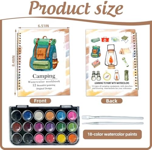 Watercolor Workbook, Water Coloring Book, 12 Different Patterns of Original DIY Designs, 18 Colors Watercolor Paint Set, Beginner-Friendly Watercolor Workbooks (Camping), Perfect Gifts for Adults - Image 2