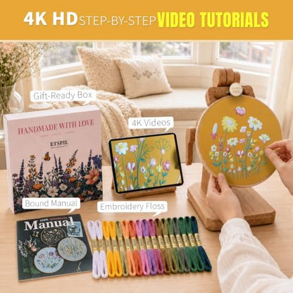 ETSPIL Embroidery Kit for Beginners, 2 Hoops, 4K Video, 4 Floral Patterns - Image 2