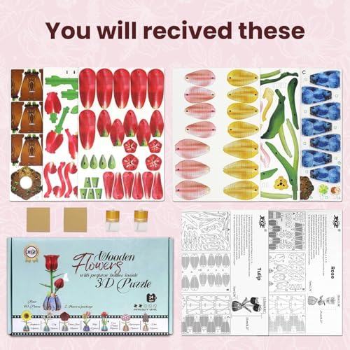 Jege 3D Flowers Wooden Puzzles for Adults,DIY Wooden 2 Flowers per Kit Building Set for Home Decor, Creative Craft Gift Toys Kits with 2 Perfume Bottles and Diffuser Sticks (Rose + Tulip) - Image 6