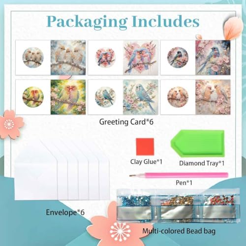 Artiphile DIY Pearl Art Painting Greeting Card Set Crafts Decor 6-Piece Foldable Cards Kit with Envelopes and Tools for Holiday Wishes Adult Crafting Project-Bird - Image 4