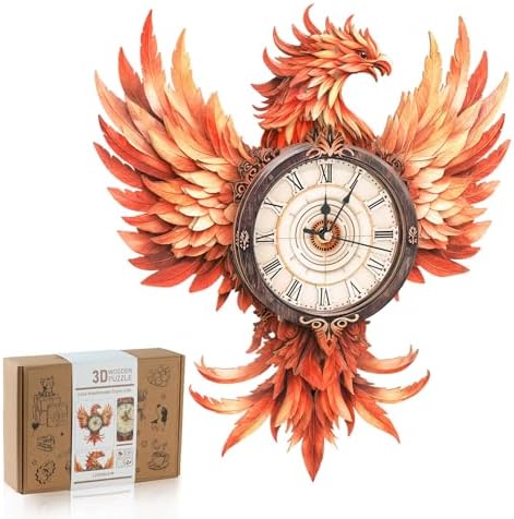 3D Puzzles for Adults-Wooden Fire Phoenix Clock Puzzle DIY Clock Model Kit by RnfinewowWoodenPuzzles