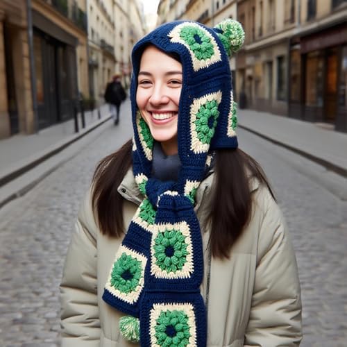Noocro Complete Crochet Kit for Pom-Pom Granny Square Scarf Hood, DIY Yarn Kit, Detailed Instructions, Step by Step Video Tutorial, Beginner-Friendly, Intermediate Crocheter Craft Set (Navy Moss) - Image 6