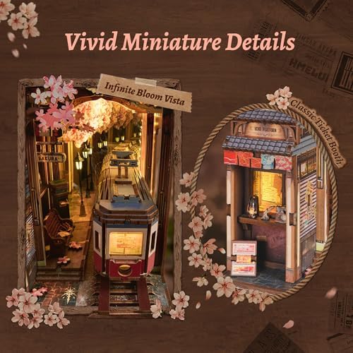 FUNPOLA Sakura Train Book Nook Kit – LED 3D Wood Puzzle with Infinity Mirror – DIY Bookshelf Decor, Miniature Craft Gift for Adults - Image 4