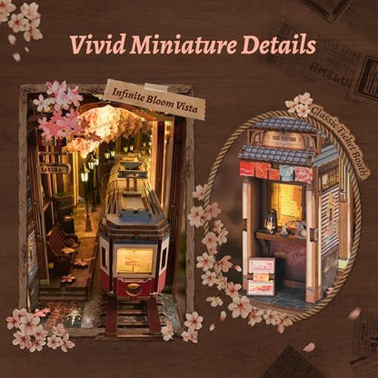 FUNPOLA Sakura Train Book Nook Kit – LED 3D Wood Puzzle with Infinity Mirror – DIY Bookshelf Decor, Miniature Craft Gift for Adults - Image 4