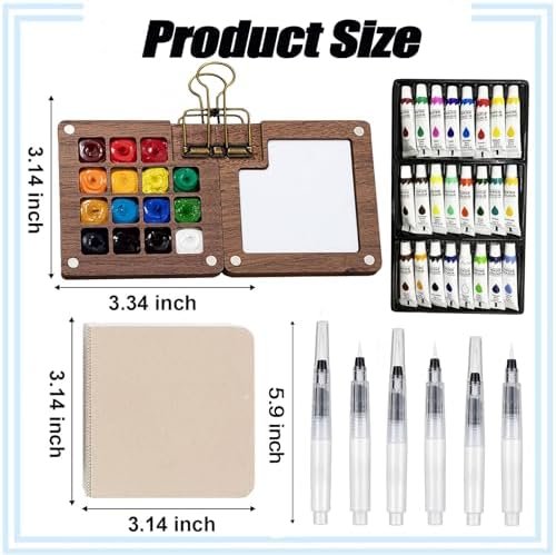 Tobeno1 Mini Watercolor Paint Set, Wooden Mini Portable Paint Palette Travel Kit, with Paint, Brush, Sketchbook & Copper Clip, for Beginners, Artists & Painting Enthusiasts (1 Set) - Image 4