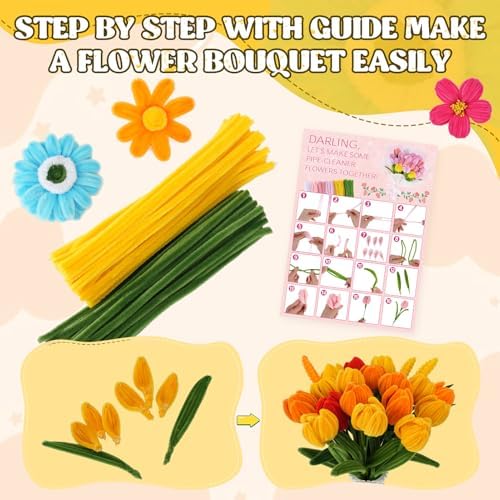 Anyeve 800PCS Pipe Cleaners Flower Kit, Pipe Cleaner Bulk Craft Flower Making Kit with Instruction, 8 Colors Thick Chenille Stems for Arts DIY Craft Supplies with Gardening Tape, Floral Wires, Stamen - Image 4