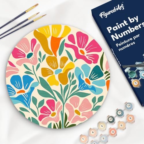 Figured'Art Paint by Numbers Kit for Adults on Wood Slice, 11.8in Diameter - Colorful Floral Pattern - Craft Art Painting DIY Canvas by FiguredArt