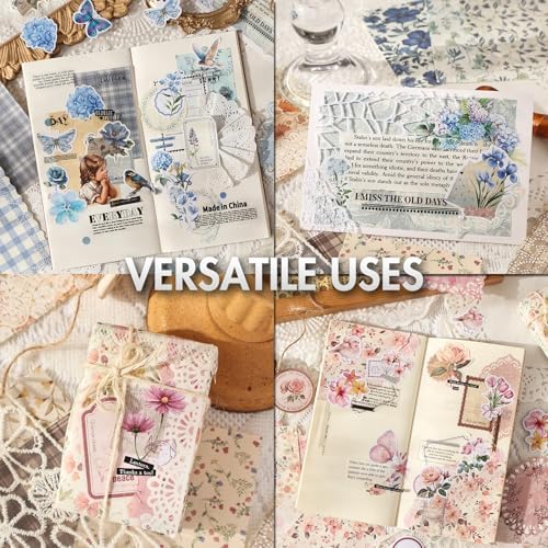 OKUPAN Scrapbook Supplies Kit – 100Pcs Vintage Floral Scrapbook Paper & Junk Journal Stickers, Journaling Supplies for Bullet Journaling, Retro Crafts, Mixed Media, Planner, Collage Card Album (Blue) - Image 2