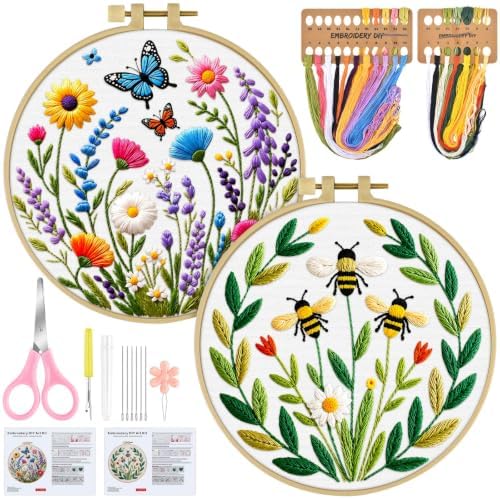 ERKOON 2 Set Embroidery Kit for Adult Beginners Flower Bee Cross Stitch Set by ERKOON