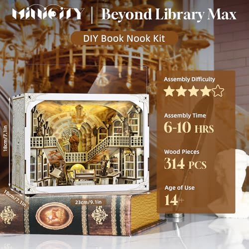 MiniCity Library of Gods Book Nook Kit, DIY Wooden Bookshelf Model with LED - Image 3