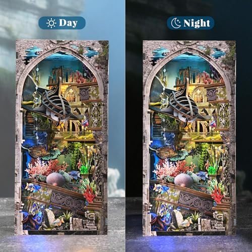 fifijoy Book Nook Kit - DIY Miniature Dollhouse for Adults and Teens, Creative Bookshelf Decor 3D Wooden Puzzle Bookend with LED Light, Unique Gift for Family and Friends (Lost City of Atlantis) - Image 5