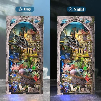 fifijoy Book Nook Kit - DIY Miniature Dollhouse for Adults and Teens, Creative Bookshelf Decor 3D Wooden Puzzle Bookend with LED Light, Unique Gift for Family and Friends (Lost City of Atlantis) - Image 5