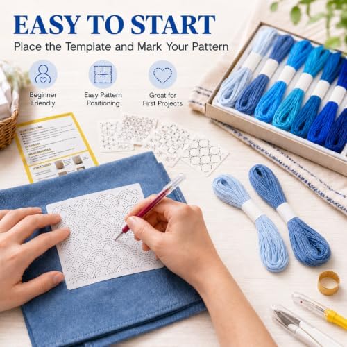 94 Pcs Sashiko Embroidery Kit for Beginners,Visible Mending,Hand Quilting,DIY Stitching and Sewing Projects,with Blue Sashiko Thread and Needles,Thimble,Stencils,Water-Soluble Pattern Sheets - Image 6