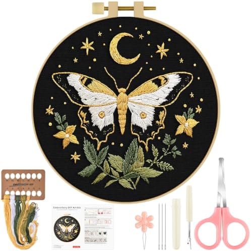 ERKOON Embroidery Kit for Beginners Adult Cross Stitch Set Include Embroidery Cloth Hoop Threads for Craft Lover Hand Stitch with Embroidery Skill Techniques (Moon Butterfly) by ERKOON
