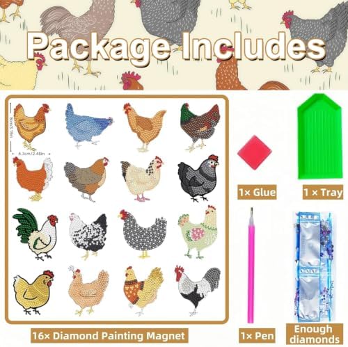 16 Pcs Chicken Diamond Painting Magnets Kits Diamond Art Fridge Magnet Refrigerator Sticker Diamond Painting kit for Beginners Adults DIY Art Craft Gifts Home Decors - Image 3