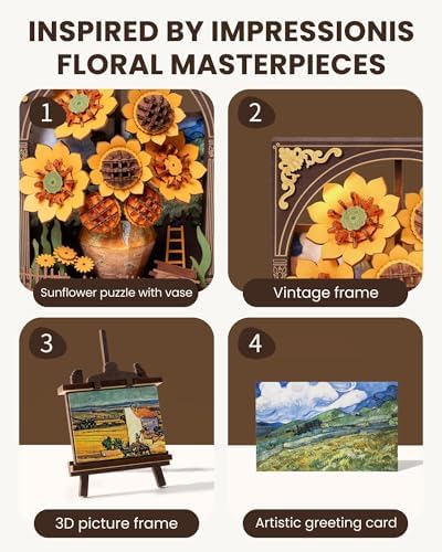rowood Sunflower 3D Puzzles for Adults,Mother's Day DIY Vincent Van Gogh Painting Artwork Craft Kits for Adults,Home Decor Botanical Collection Gift on Christmas/Birthday for Friends Family - Image 3