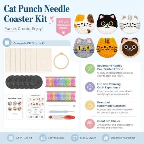 HGUANGJ Punch Needle Kit for Beginners Adults, Cat Coasters Kit with Adhesive Felt, Yarns, Embroidery Hoop for DIY Craft - Image 6