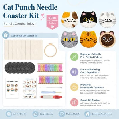 HGUANGJ Punch Needle Kit for Beginners Adults, Cat Coasters Kit with Adhesive Felt, Yarns, Embroidery Hoop for DIY Craft - Image 6