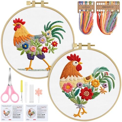ERKOON Embroidery Kit for Beginners Adult, 2 Set Cross Stitch Set Include Embroidery Cloth Hoops Threads for Craft Lover Hand Stitch with Embroidery Skill Techniques (Rooster) by ERKOON