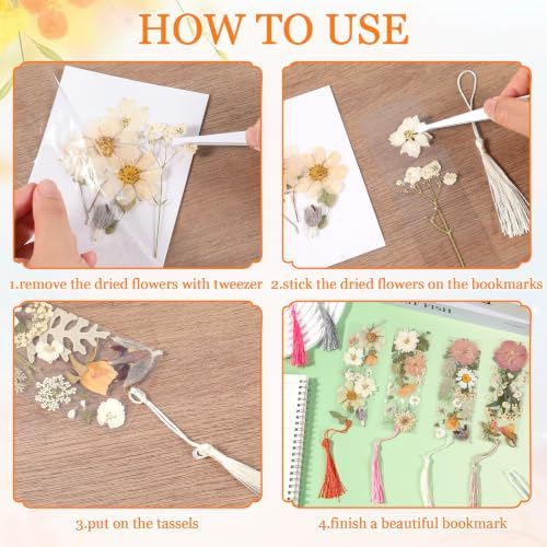 20 Sets Dried Flower Bookmark Making Kit Transparent Bookmark DIY Projects Craft Gift Bulk PET Sticker with Color Tassels and Tweezer for Classroom Activities Reading Award and Book Lovers (Boho) - Image 4