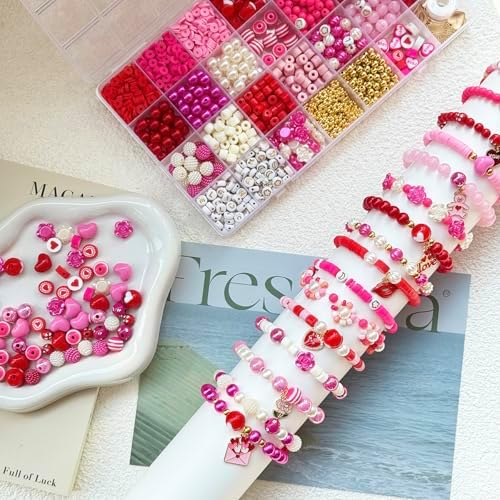 1800PCS+ Valentine’s Day Beads for Bracelets Jewelry Making Set, Pink Red Polymer Clay Beads Assorted Pearl Acrylic Heart Bead Letter Spacer Flower Bead and Heart Charms for Necklace Bracelets Making - Image 6