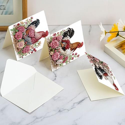Tontut 6pcs5D Diamond Art Painting Greeting Card kit, Flower Laying Hen Rooster Adult DIY with Envelope, Special Shape Diamond Design Greeting Card Creative Gift - Image 7