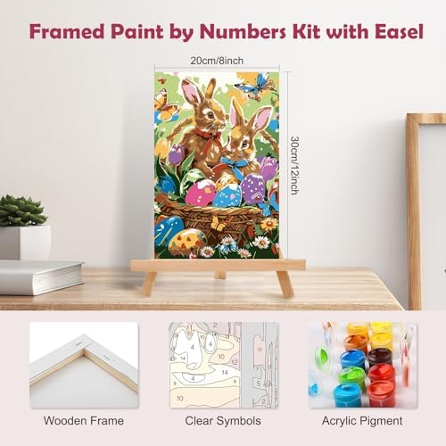 MOGTAA Easter Bunny Paint by Numbers Kit for Adults Beginners with Frame, Easter Eggs Adult Paint by Number Kits on Canvas with Easel, Easy DIY Butterfly Oil Painting Kits for Home Decor, 8x12in - Image 2
