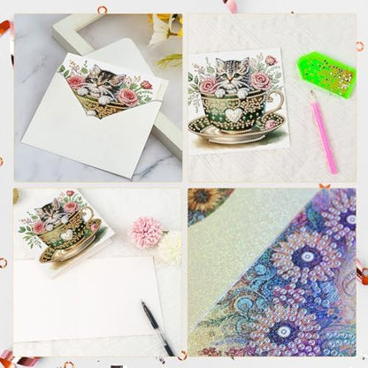 antor 6 Pack DIY Cat in Teacup Diamond Painting Greeting Cards with Envelopes – Cute Animal Rhinestone Art Craft Kit, Handmade Crystal Card Set, Diamond Art Kits for Adults - Image 7
