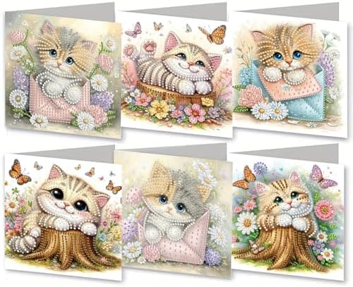 ARTopet 6Pcs Folding Greeting Card Diamond Art Painting Thank You Blessing Cards with White Envelope Rhinestones Painted Making Kits for Adults DIY Craft Holiday Gift-Cat02 by ARTopet