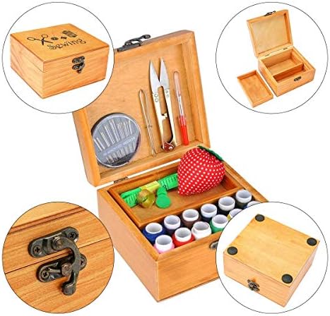 Sewing Kit, Wooden Sewing Kit Box for Adults, Wooden Sewing Basket with Accessories, Home Sewing Basket Stitching Repair Kit for Beginner, Women, Men (Brown) - Image 6