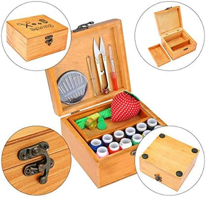Sewing Kit, Wooden Sewing Kit Box for Adults, Wooden Sewing Basket with Accessories, Home Sewing Basket Stitching Repair Kit for Beginner, Women, Men (Brown) - Image 6