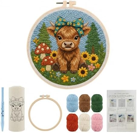 ZMHKJZDQ Punch Needle Kits for Beginners,DIY Punch Needle Embroidery with Fabric, Hoops, Yarns and Sewing Needles for Adults Children Festival Gift and Home Decor, 20x20cm (Bow Highland Cow) - Image 2