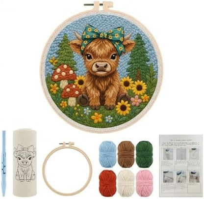 ZMHKJZDQ Punch Needle Kits for Beginners,DIY Punch Needle Embroidery with Fabric, Hoops, Yarns and Sewing Needles for Adults Children Festival Gift and Home Decor, 20x20cm (Bow Highland Cow) - Image 2