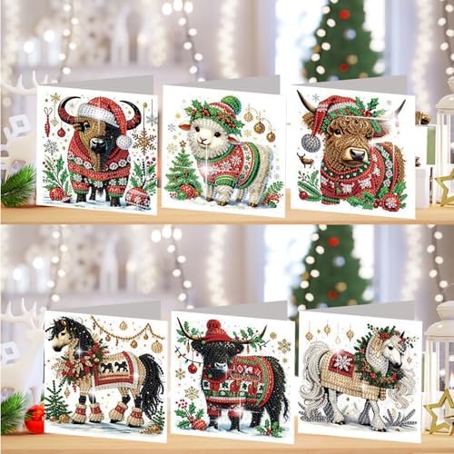 jinglinhh 6pcs Christmas Yak Horse Sheep Diamond Art Painting Greeting Cards with Envelopes, DIY Card Making Kits for Adults, Diamond Art Postcards Christmas Cards Craft Gifts - Image 4
