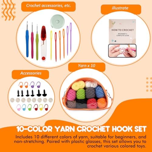 Wadukud 36 PCS Crochet Kit for Beginners Adults Kids - First Crochet Set Include 10 Solid Colors Soft Cotton Yarn for Crocheting, Crochet Hooks, Instruction, Bag, 1-Count Super Bulky Core-Spun Yarn - Image 3