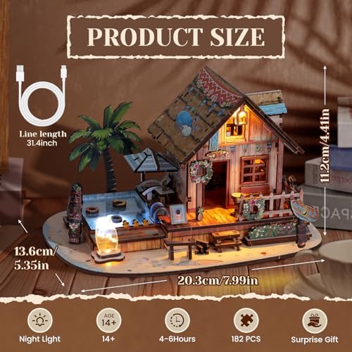 3D Wooden Puzzles for Adult,187pcs Hawaiian Vacation Beach House Kit,DIY Wooden Model Kits with LED Light for Adults-Toy Gifts for Ages 14 and up - Image 3