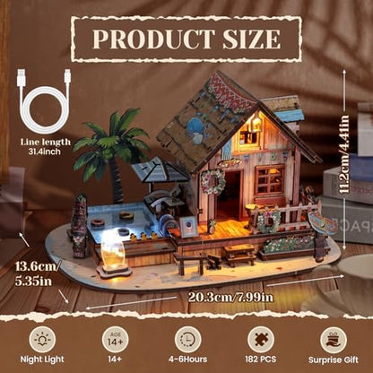 3D Wooden Puzzles for Adult,187pcs Hawaiian Vacation Beach House Kit,DIY Wooden Model Kits with LED Light for Adults-Toy Gifts for Ages 14 and up - Image 3