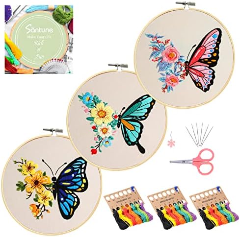 Santune 3 Pack Embroidery Kit for Beginners Adults Cross Stitch Kits with Butterfly Patterns and Instructions,DIY Hand Crafts with 1 Hoop,Threads and 6 Needles by Santune