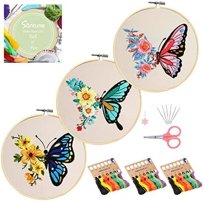 Santune 3 Pack Embroidery Kit for Beginners Adults Cross Stitch Kits with Butterfly Patterns and Instructions,DIY Hand Crafts with 1 Hoop,Threads and 6 Needles by Santune