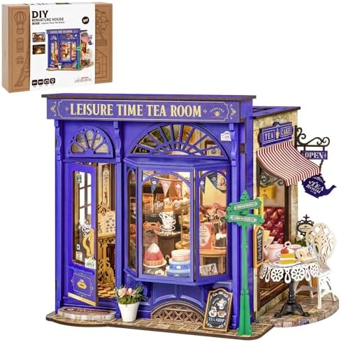 ROBOTIME DIY Miniature House Kit, Bakery Diorama House, Tiny House Kit for Adults, Mini Dollhouse Kit with Furniture Birthday Christmas Craft Hobbies Gift for Family/Friends (Leisure Time Tea Room) by ROBOTIMEBuildingThingstoLife