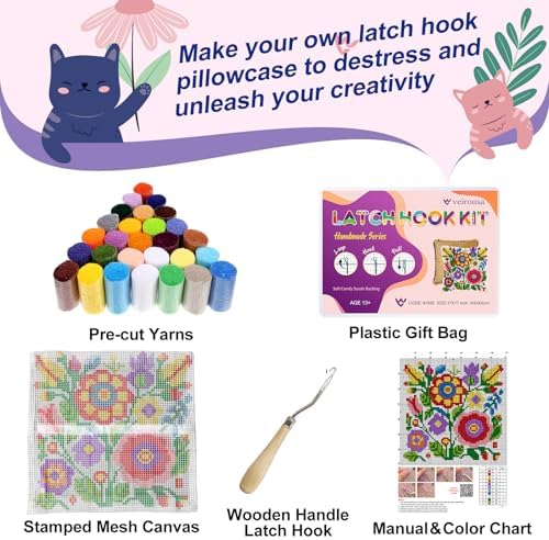 veirousa Colorful Flowers Latch Hook Pillow Kits for Adults Beginners - Image 3