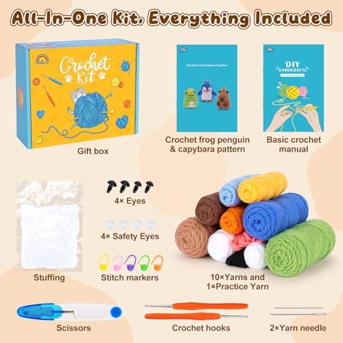 Fortuning's JDS Crochet Kit for Beginners, Crochet Animal Kit Includes Penguin, Capybara & Frog, Complete Starter Kit for Adult, DIY Craft Crochet Kits, Easy Knitting Kit Christmas Gifts - Image 4