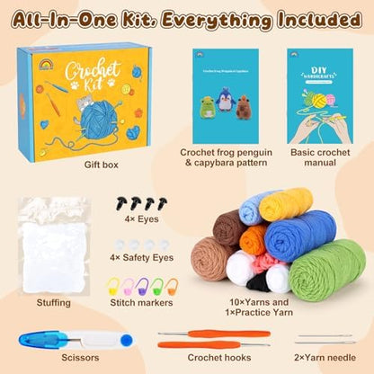 Fortuning's JDS Crochet Kit for Beginners, Crochet Animal Kit Includes Penguin, Capybara & Frog, Complete Starter Kit for Adult, DIY Craft Crochet Kits, Easy Knitting Kit Christmas Gifts - Image 4