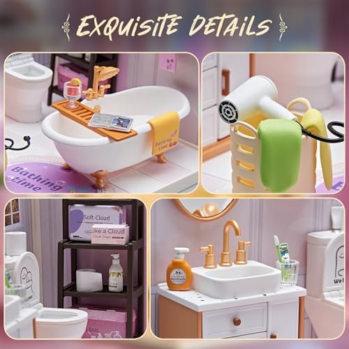 DIY Miniature Bathroom Kit with 101Pcs, 1:24 Scale Dollhouse Furniture with LED Light, Realistic Accessories & Connectable Base for Adults & Kids 8+ - Image 3