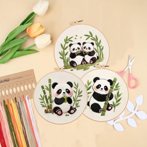 Konrisa Panda Embroidery Starter Kit for Beginners, Cross Stitch Kit with 3pcs Embroidery Pattern, DIY Sewing Project Adult Needlepoint Kit with Hoop, Set of 3 - Image 4